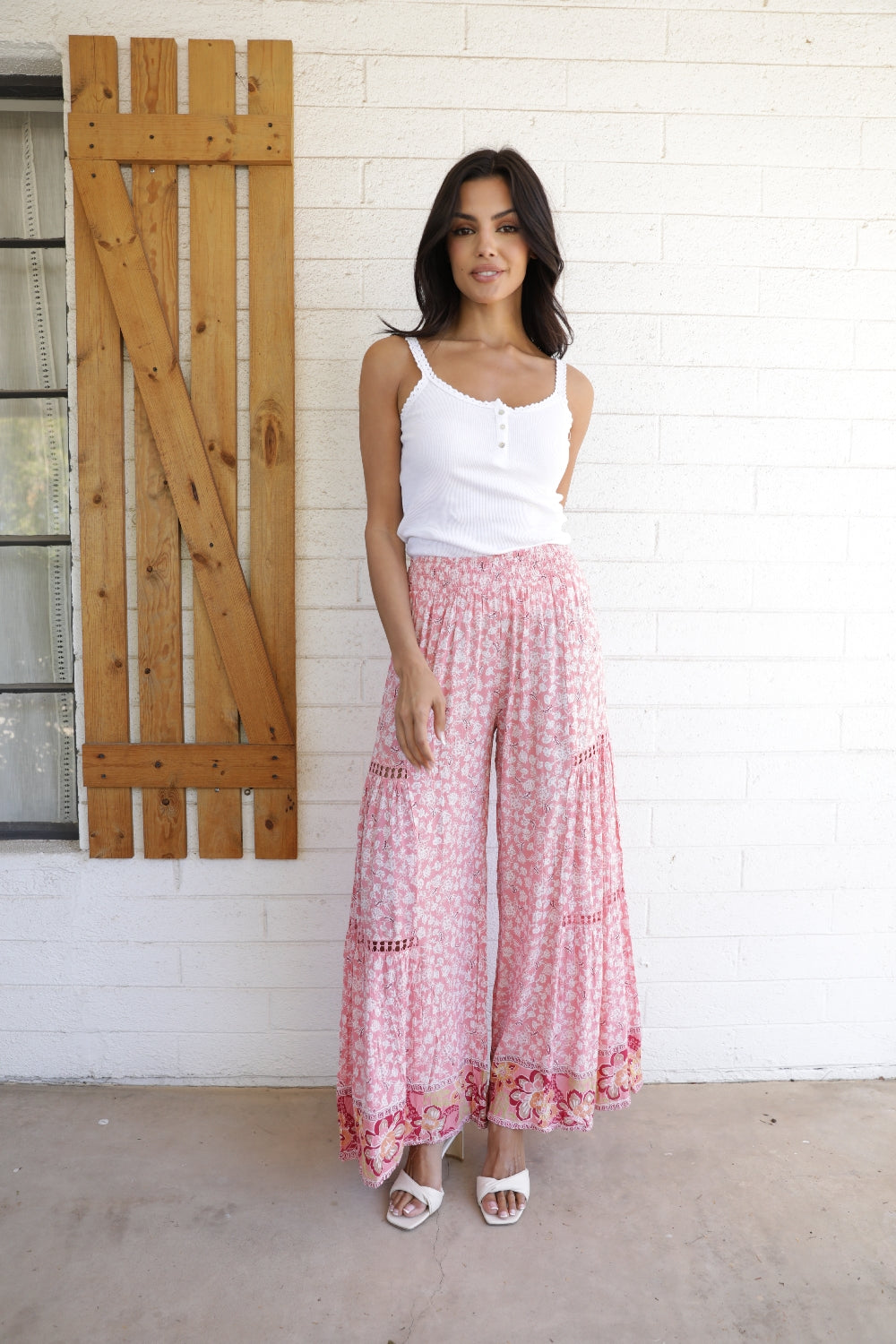 Angie Ditsy Print Bold Border Wide Palazzo Pants - Coral