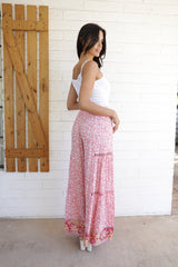 Angie Ditsy Print Bold Border Wide Palazzo Pants - Coral