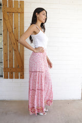 Angie Ditsy Print Bold Border Wide Palazzo Pants - Coral