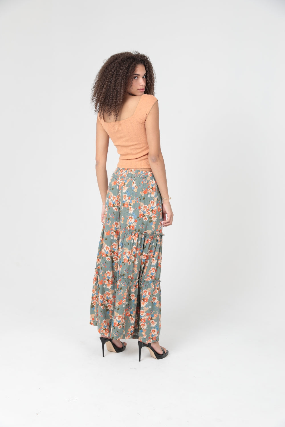 Angie Ditsy Orange Flower Ruffle Hem Pants - Gray