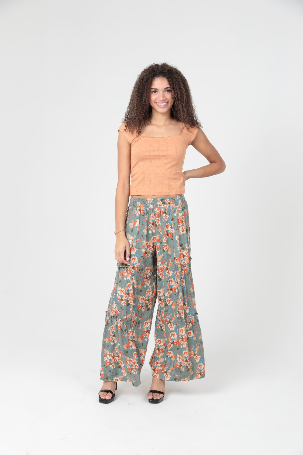 Angie Ditsy Orange Flower Ruffle Hem Pants - Gray