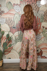 Angie Flower Tropical Boho Wide Palazzo Pants - Cream