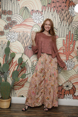 Angie Flower Tropical Boho Wide Palazzo Pants - Cream