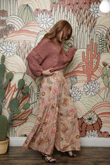 Angie Flower Tropical Boho Wide Palazzo Pants - Cream