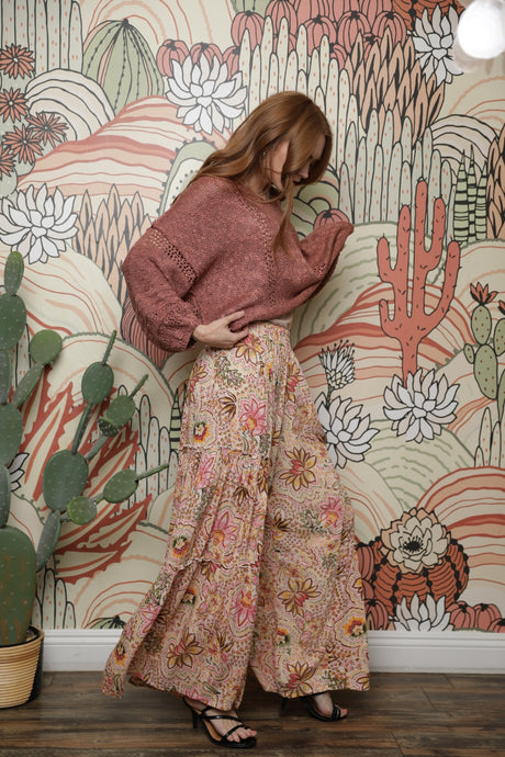 Angie Flower Tropical Boho Wide Palazzo Pants - Cream