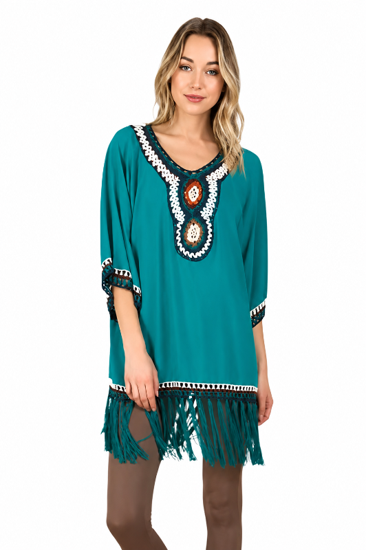 Monoreno Crochet Fringe Tunic - Turquoise