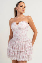 Flocking Mesh Print w/ Pearl String Ruffle Hem Mini Dress - Pink