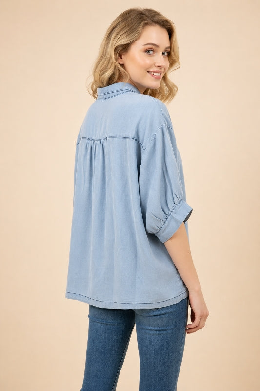Tencel Oversized Button Front Blouse – Chambray Blue