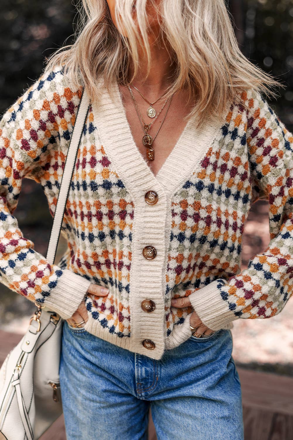 Dotty Pattern Knit Button Front V Neck Sweater Cardigan