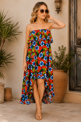 Easel Floral Hi Low Strapless Dress - Red