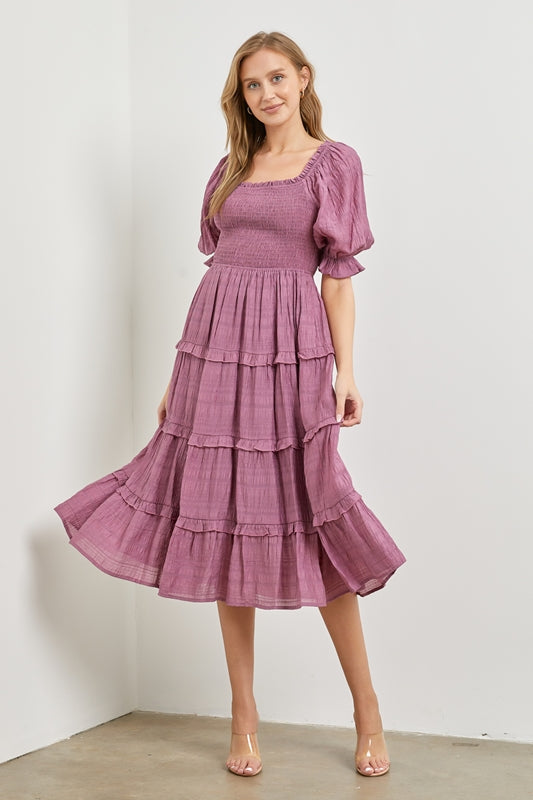 Polagram Tiered Smocked Midi Dress - Blueberry Lavender