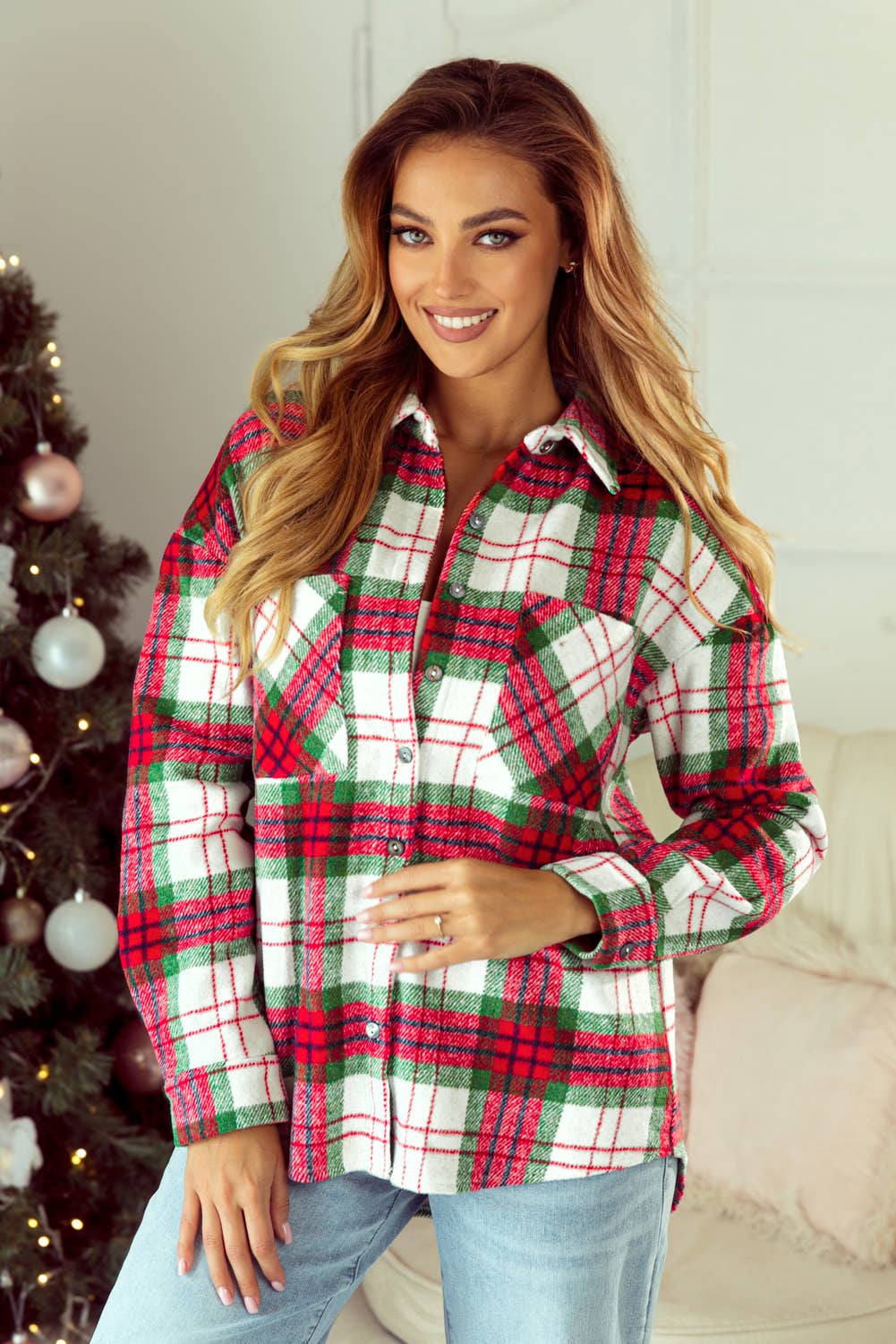 Christmas Plaid Casual Flannel Shacket - Red