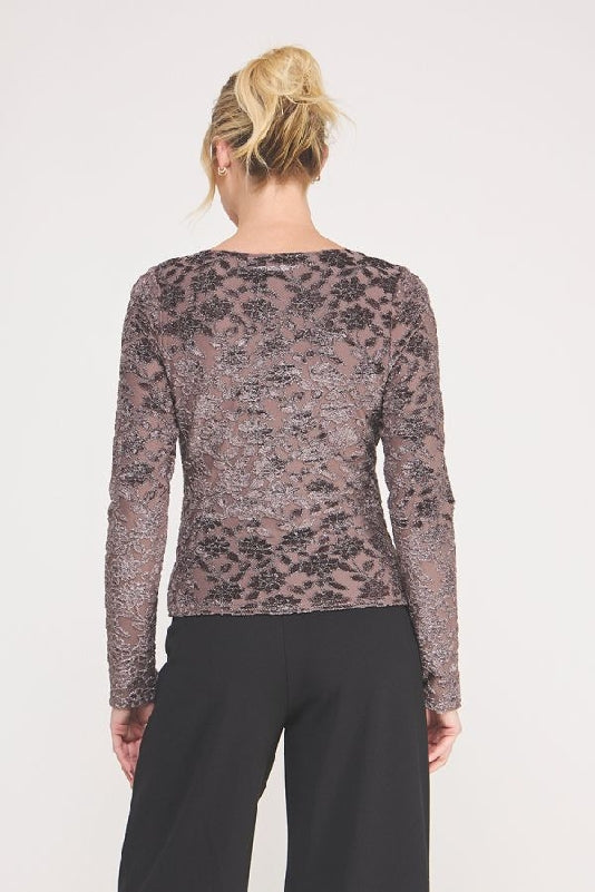 Allie Rose Rose Floral Lace Mesh Long Sleeve Top - Dark Mauve