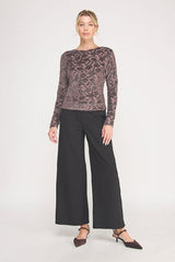 Allie Rose Rose Floral Lace Mesh Long Sleeve Top - Dark Mauve