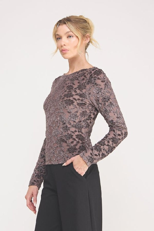 Allie Rose Rose Floral Lace Mesh Long Sleeve Top - Dark Mauve
