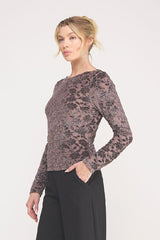 Allie Rose Rose Floral Lace Mesh Long Sleeve Top - Dark Mauve