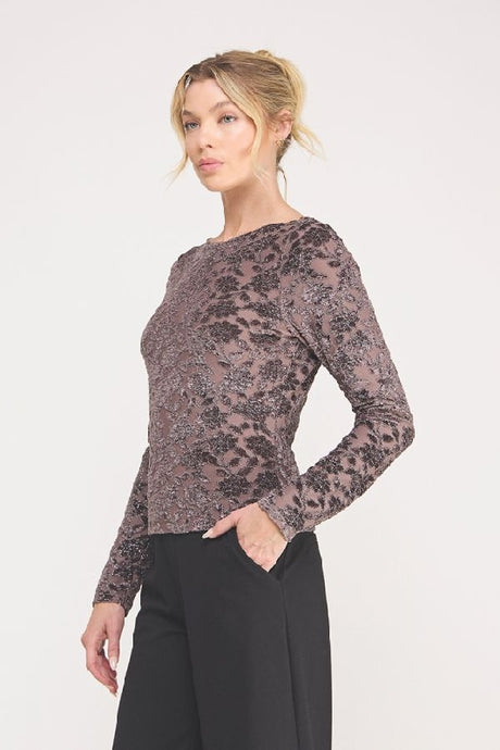 Allie Rose Rose Floral Lace Mesh Long Sleeve Top - Dark Mauve
