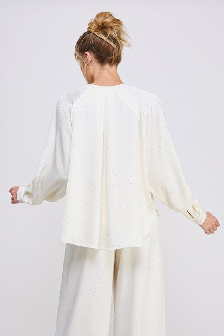 Allie Rose Embellished Crinkle Satin Split V-Neck Raglan Sleeve Blouse – Cream