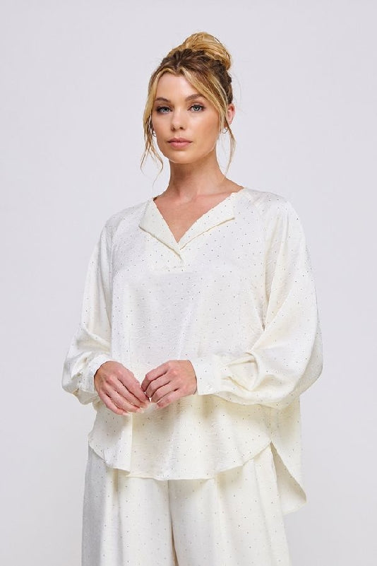 Allie Rose Embellished Crinkle Satin Split V-Neck Raglan Sleeve Blouse – Cream