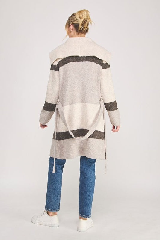 Allie Rose Striped Belted Sweater Cardigan - Latte