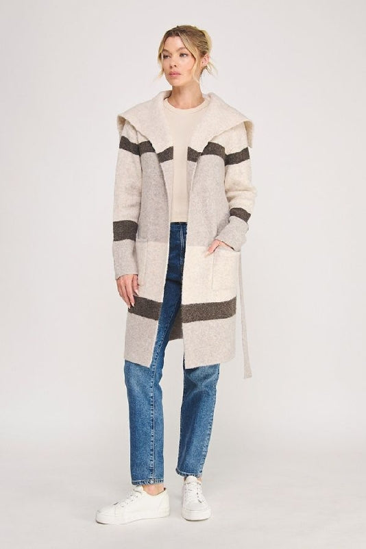 Allie Rose Striped Belted Sweater Cardigan - Latte
