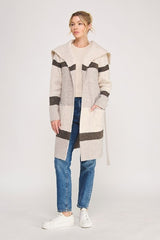 Allie Rose Striped Belted Sweater Cardigan - Latte