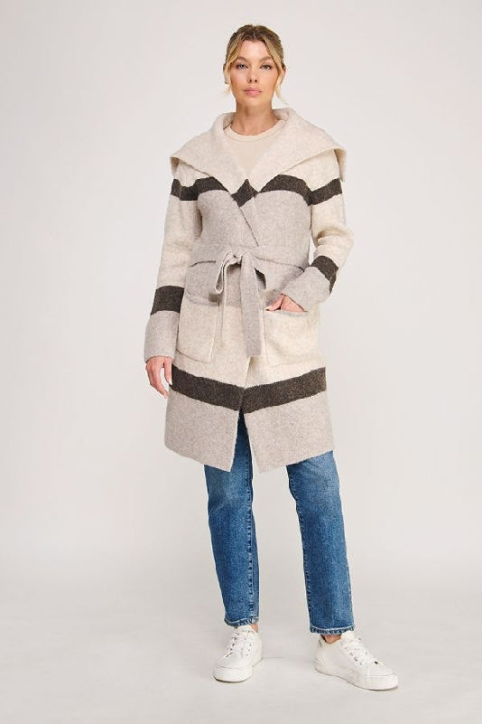 Allie Rose Striped Belted Sweater Cardigan - Latte