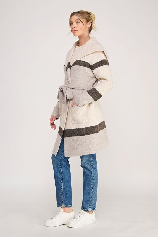Allie Rose Striped Belted Sweater Cardigan - Latte