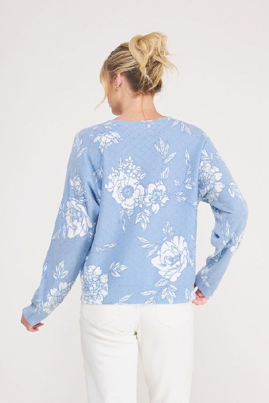 Allie Rose Fine Gauge Diamond Pointelle Floral Knit Top in Peri Blue