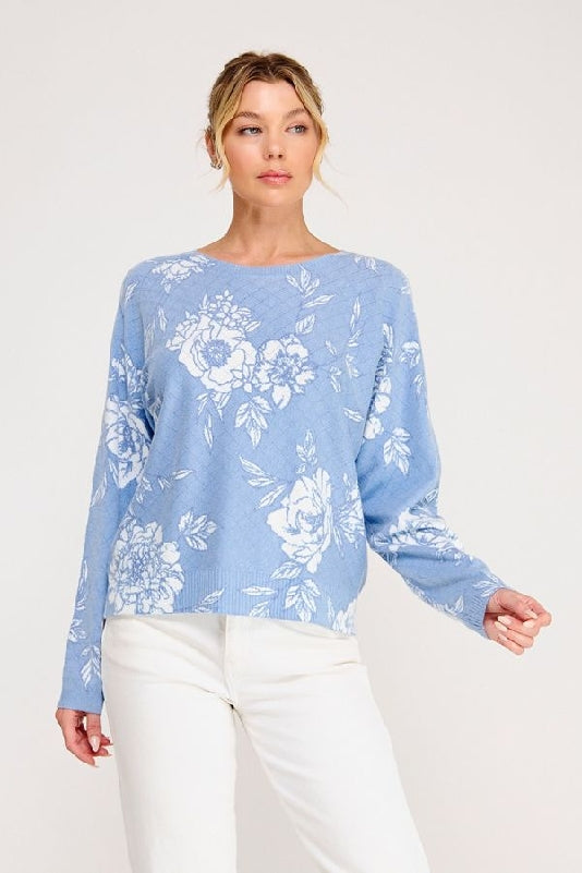 Allie Rose Fine Gauge Diamond Pointelle Floral Knit Top in Peri Blue