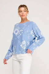 Allie Rose Fine Gauge Diamond Pointelle Floral Knit Top in Peri Blue