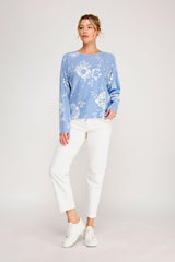 Allie Rose Fine Gauge Diamond Pointelle Floral Knit Top in Peri Blue