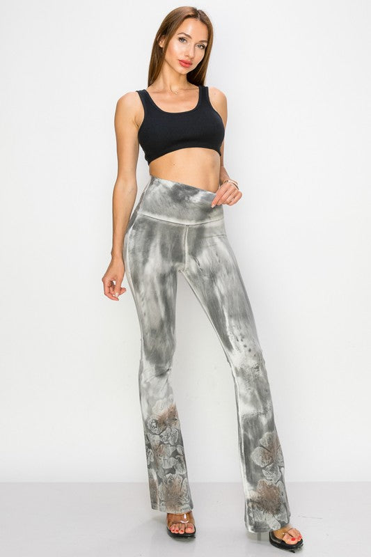 T-Party Floral Tie Dye Print Flare Pants - Gray