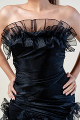 Luxe Organza Ruffled Tulle Ponte Tube Mini Dress - Black