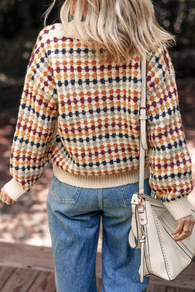 Dotty Pattern Knit Button Front V Neck Sweater Cardigan