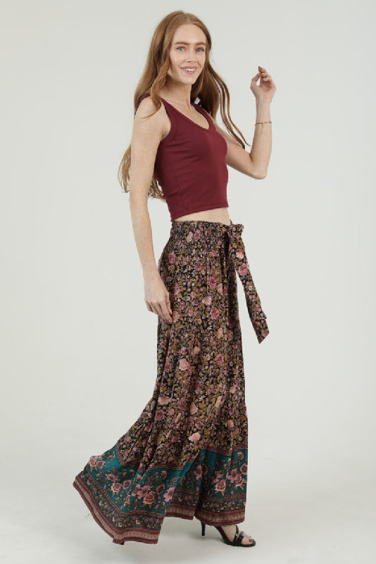 Angie Midnight Floral Border Print Wide Leg Pants