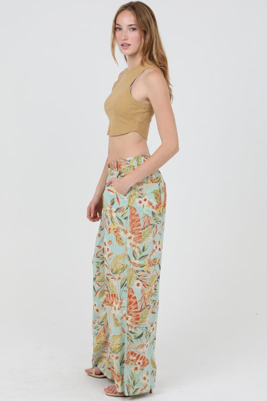 Angie Wide Leg Tropical Print Pants - Aqua