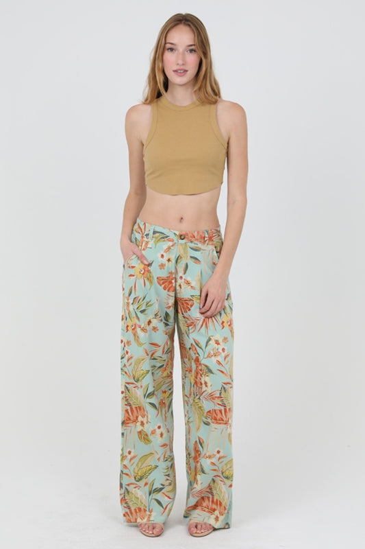 Angie Wide Leg Tropical Print Pants - Aqua