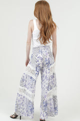 Angie Blue Blossom Lace Trim Palazzo Pants
