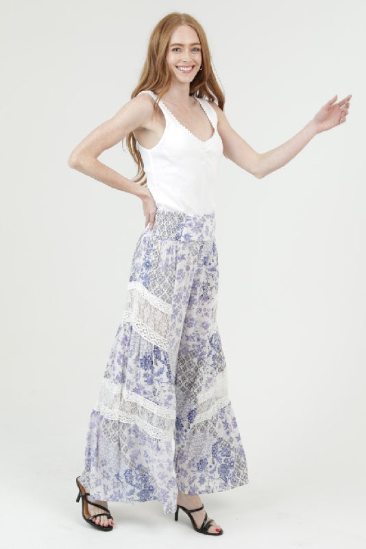 Angie Blue Blossom Lace Trim Palazzo Pants