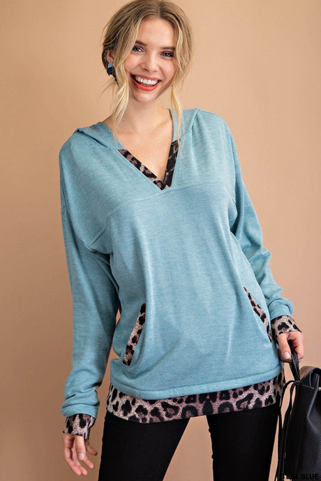 Kori Animal Print Contrast Hoodie - Teal Blue