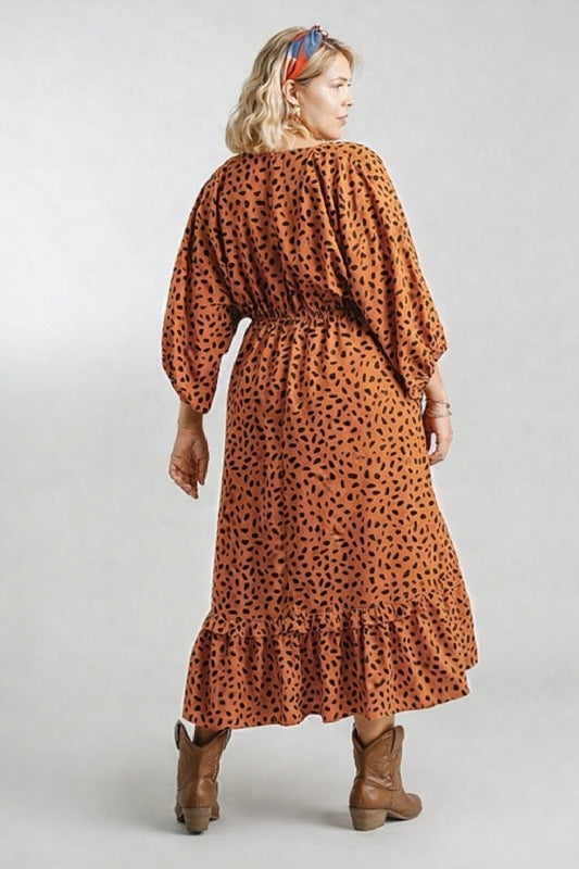 Umgee Dalmation Print Hi Lo Midi Plus Size Dress - Camel