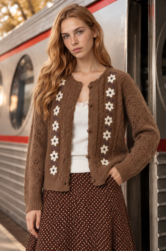 Blu Pepper Light Mocha Floral Embroidered Cable Knit Cardigan Sweater