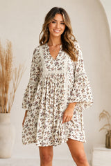 Boho Floral Lace Trim Bell Sleeve Mini Dress