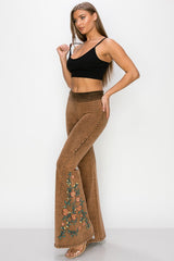 T-Party Flowers Embroidered Flare Yoga Pants - Camel
