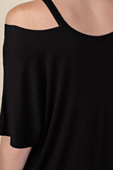 Vocal Cut Out Shoulder Feathers T Shirt - Black