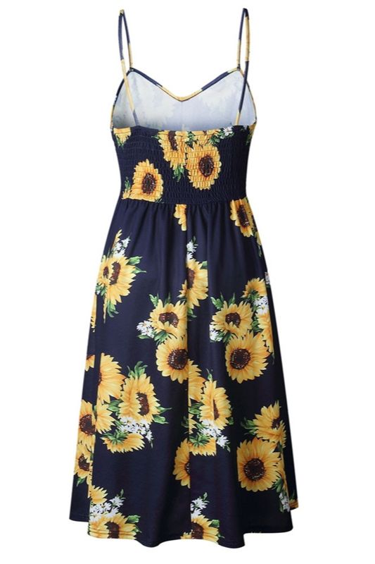 Sunflower Print Navy Midi Dress with Pockets & Smocked Back