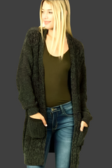 Chenille Cable Cardigan Sweater - Dark Olive