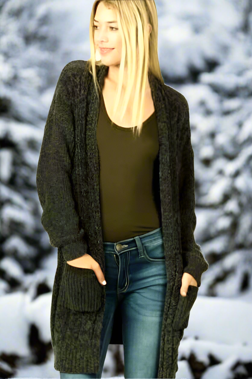 Chenille Cable Cardigan Sweater - Dark Olive