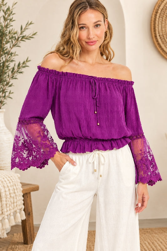 Lace Bell Sleeve Off Shoulder Blouse - Orchid Magenta